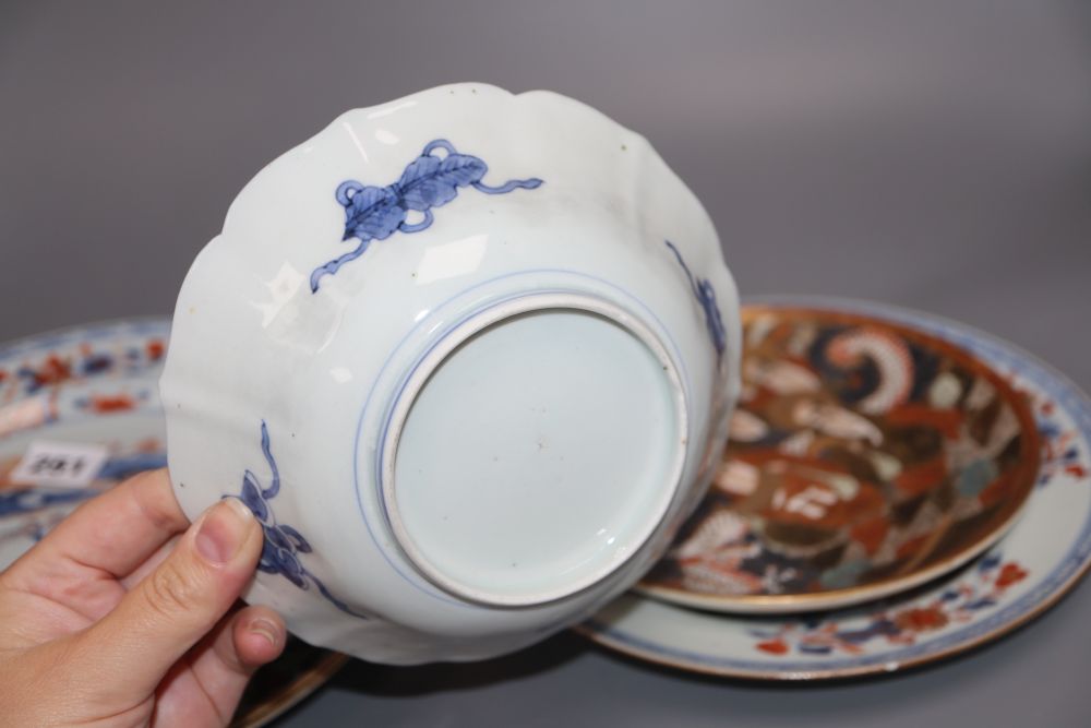 Six various Chinese porcelain dishes and a similar bowl, largest diameter 25cm